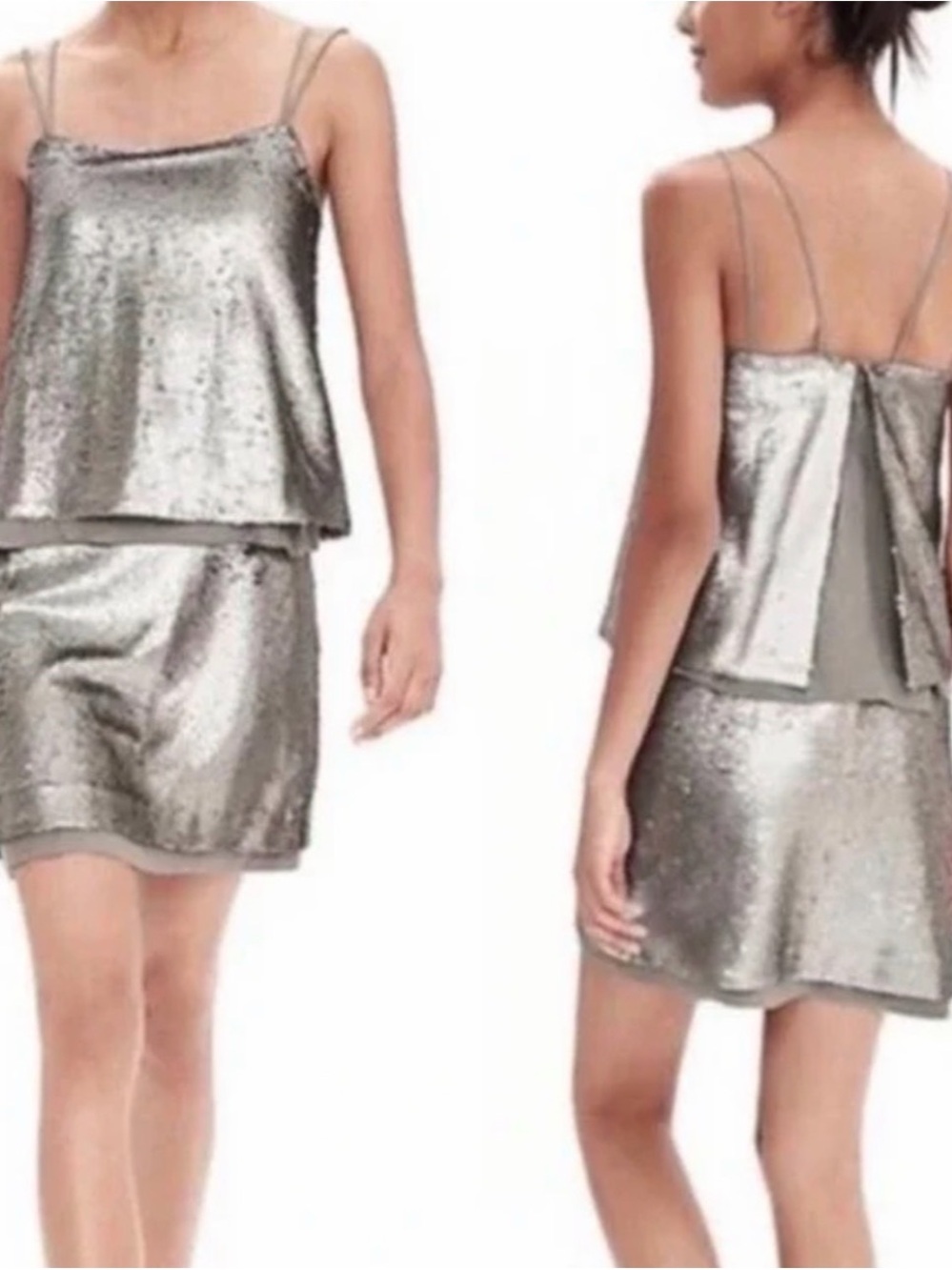 Banana Republic Silver Sequin Layered Spaghetti-Strap Mini Dress